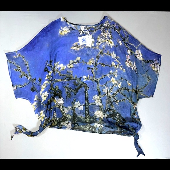 Oceania Van Gogh Almond Blossom Floral Print Kimono 100% Silk Sheer Coverup NWT - Picture 1 of 8